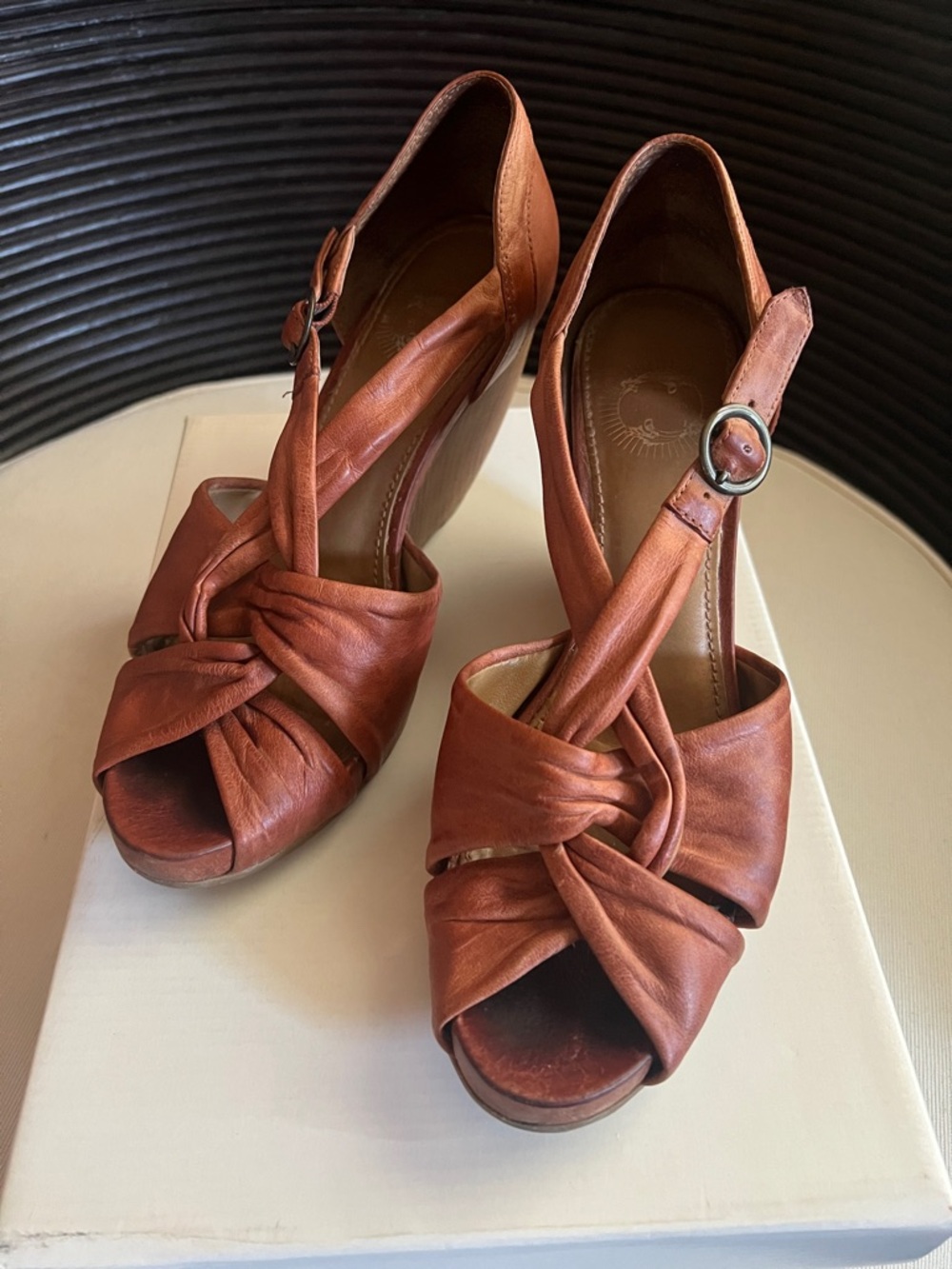 Women's Brown Knotted Wedge Sandals with Ankle Strap